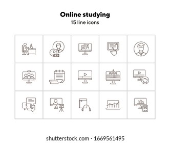 Web seminar line icon set. Computer, information, student. Educational platform concept. Can be used for topics like online college, video lesson, webinar