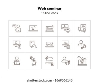 Web seminar line icon set. Computer, achievement, webinar. Self-development concept. Can be used for topics like education, gamification, technology
