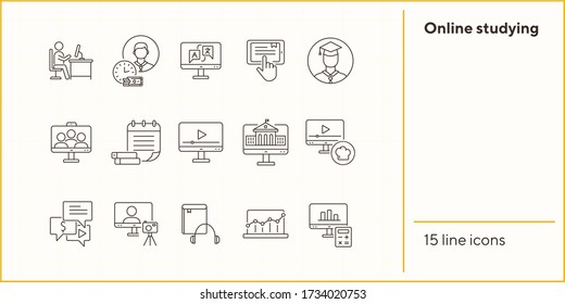 Web seminar line icon set. Computer, information, student. Educational platform concept. Can be used for topics like online college, video lesson, webinar