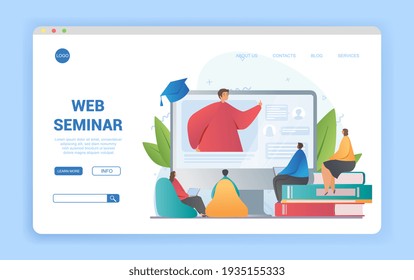 Web Seminar with tutor or teacher on a digital screen and group of diverse multiracial students seated around listening to the lecture, colored vector illustration website landing page template