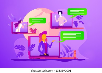 Web seminars and webcasts, peer-level web meetings, collaborative sessions and webinar concept. Vector isolated concept illustration with tiny people and floral elements. Hero image for website.