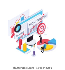 Web seo isometric composition with elements of diagrams bar charts linear graphs with target sign and people vector illustration