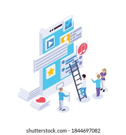 Web seo isometric composition with human characters with ladder and big smartphone with separated content blocks vector illustration