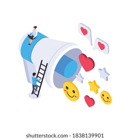 Web seo isometric composition with icons and pictograms of social network actions likes and megaphone vector illustration