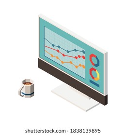 Composición isométrica seo web con imágenes de taza de café y pantalla de computadora con gráficos en ilustraciones vectoriales de diagrama