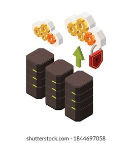 Web seo isometric composition with images of storage computer racks lock and clouds with gear icons vector illustration