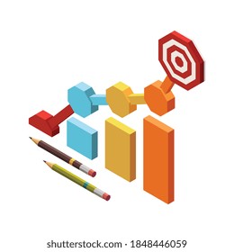 Composición isométrica seo web con imágenes de lápices y gráficos de barras coloridas con ilustración vectorial de signo objetivo