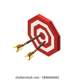 Web seo isometric composition with images of golden arrows and red sign of target goal vector illustration