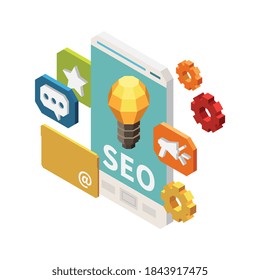 Web seo isometric composition with pictogram icons of messages and gear with smartphone vector illustration