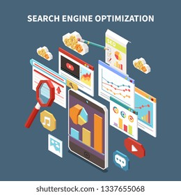 Web SEO isometric composition with search engine optimization headline and isolated elements vector illustration