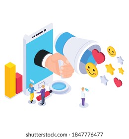 Isoometrische Webaufnahmen mit Smartphone- und Handlinsenbildern Menschen und Piktogrammsymbole mit Emoticons Vektorgrafik
