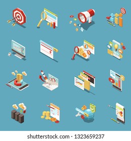 Web SEO isometric icon set with work elements and abstract isolated tools graphs cups of coffee money and flags vector illustration