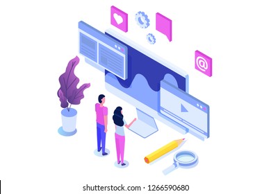 Web seo optimization illustration concept isometric. Landing page template.  Sticker for web banner,  web page, banner, presentation, social media, documents, cards, posters.  