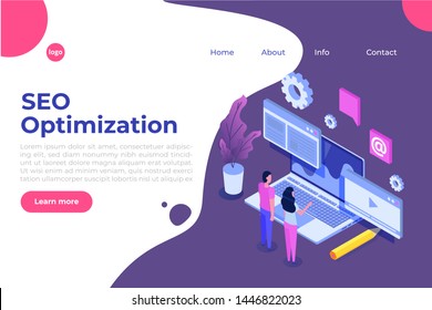 Web seo optimization illustration concept isometric. Landing page template.  Sticker for web banner,  web page, banner, presentation, social media, documents, cards, posters.  