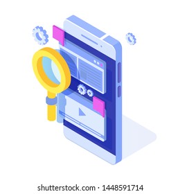 Web seo optimization illustration concept isometric. Landing page template.  Sticker for web banner,  web page, banner, presentation, social media, documents, cards, posters.  