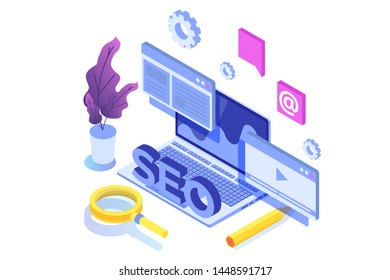 Web seo optimization illustration concept isometric. Landing page template.  Sticker for web banner,  web page, banner, presentation, social media, documents, cards, posters.  