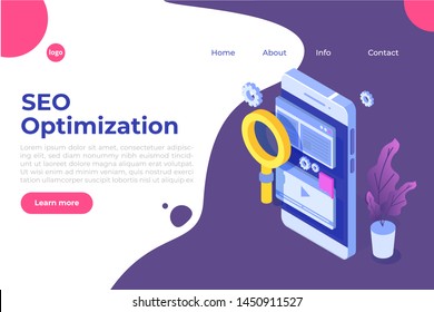 Web seo optimization illustration concept isometric. Landing page template.  Sticker for web banner,  web page, banner, presentation, social media, documents, cards, posters.  