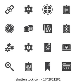 Web and SEO vector icons set, modern solid symbol collection, filled style pictogram pack. Signs logo illustration. Set includes icons - link, site map, flowchart, Web development, coding, programming