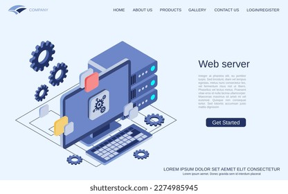 Web server, data storage, file hosting flat 3d isometric vector concept illustration