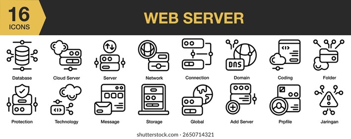 Conjunto de ícones do Servidor Web. Inclui Internet, servidor, Web, tecnologia, computador e muito mais. Contornar coleção de vetores de ícones.
