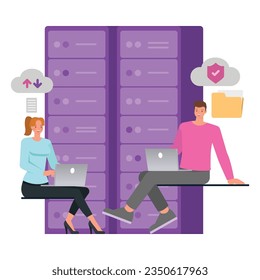 Web server illustration concept. Office man and woman working in server character vector design. 