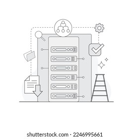 web server line illustration layout with elements 