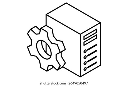 Web server system maintenance isometric line icon with tools and server element, black and white, Vector Illustration