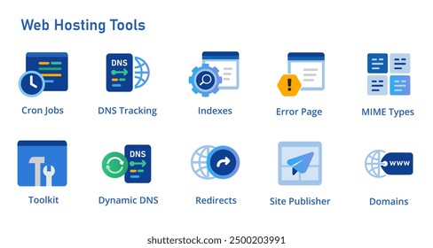 Web server tools icon set collection for cron jobs MIME type dynamic DNS site publisher index tools and error pages