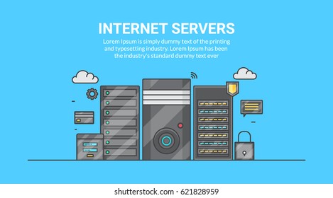 Web Servers, Web Hosting Service, Internet Connection, Cloud Servers With Security Icons Flat Line Vector Banner