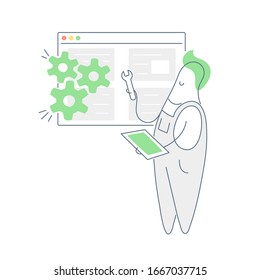 Web service customization, development, technical support, programming and coding. Cartoon man fixing mechanism in an open browser window. Flat line vector illustration on white.