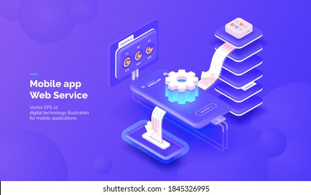 Web service for mobile applications. Integration systems. Mobile phone with a service for monitoring application parameters and obtaining statistical data. Vector illustration isometric style.