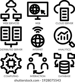 Web services icons pack outline style for web mobile app presentation printing