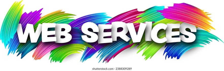 Señal de palabras de papel de servicios web con pincel de pintado de colores sobre blanco. Ilustración vectorial.