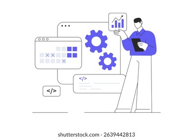 Web Services schedule. AI based email campaign, Businesses use email automation to schedule and trigger customer. Flat Cartoon Vector Illustration, icon. Stylish abstract design landing page