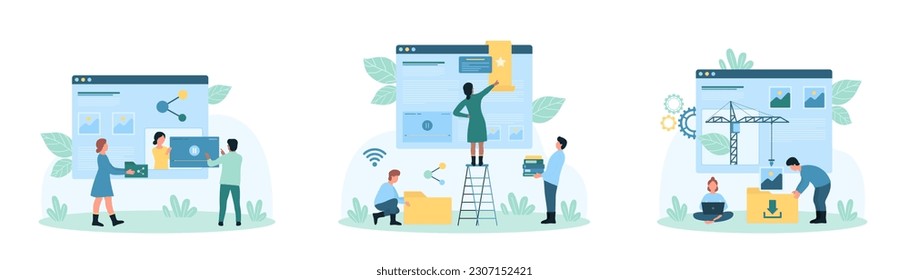 Web services set vector illustration. Cartoon tiny people add web page to favorites, share video in social media online, transfer and download backup or digital folder with files to cloud system