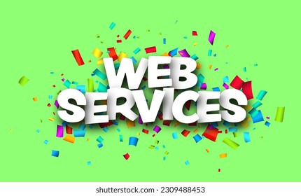 Los servicios web se registran en el fondo verde para cortar confetti colorido. Elemento de diseño. Ilustración vectorial.