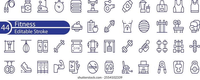 Web Set of Fitness Vector Thin Line Icons. Contains such Icons as Healthy Lifestyle, Weight Training, Body care and more. Outline icons collection. Simple vector illustration.