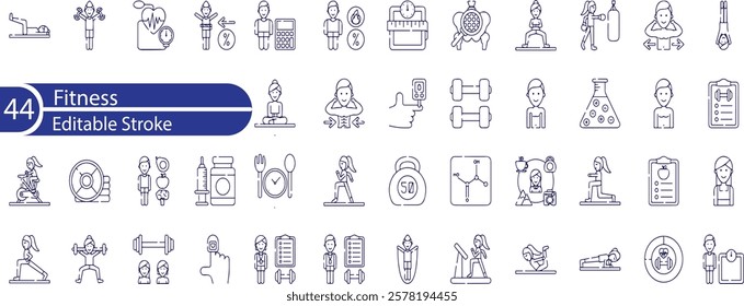 Web Set of Fitness Vector Thin Line Icons. Contains such Icons as Healthy Lifestyle, Weight Training, Body care and more. Outline icons collection. Simple vector illustration.