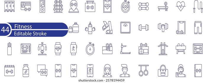 Web Set of Fitness Vector Thin Line Icons. Contains such Icons as Healthy Lifestyle, Weight Training, Body care and more. Outline icons collection. Simple vector illustration.