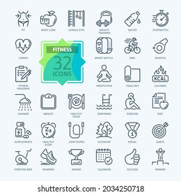 Juego web de Iconos de línea delgada vectores de fitness. Contiene íconos tales como estilo de vida saludable, entrenamiento de peso, cuidado corporal y más. Colección de iconos de esquema. Ilustración vectorial simple.