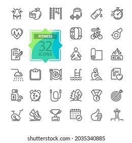 Web Set of Fittness Vector Thin Line Icons. Contains such Icons as Healthy Lifestyle, Weight Training, Body care and more. Outline icons collection. Simple vector illustration.