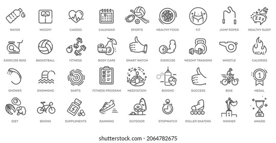 Web Set of Fittness Vector Thin Line Icons. Contains such Icons as Healthy Lifestyle, Weight Training, Body care and more.