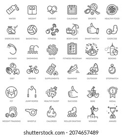 Web Set of Fittness Vector Thin Line Icons. Contains such Icons as Healthy Lifestyle, Weight Training, Body care and more.