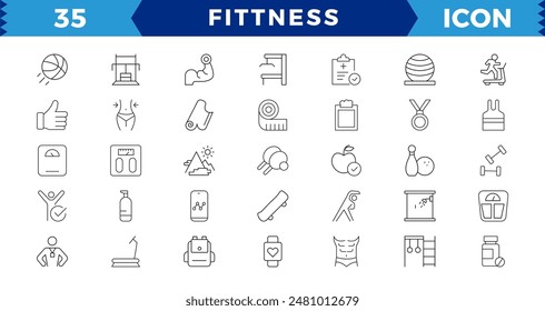 Web Set of Fittness Vector Thin Line Icons.Sport, gym and fitness line icons set.  Contains such Icons as Healthy Lifestyle, Weight Training, Body care and more. Outline icons collection.