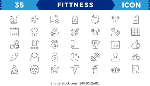 Web Set of Fittness Vector Thin Line Icons.Sport, gym and fitness line icons set.  Contains such Icons as Healthy Lifestyle, Weight Training, Body care and more. Outline icons collection.