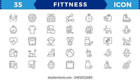 Web Set von Fitness-Vektorgrafik Thin Line Icons.Sport, Fitness und Fitness Line Icons Set.  Enthält Icons wie Gesunde Lebensweise, Krafttraining, Körperpflege und mehr. Kollektion der Gliederungssymbole.