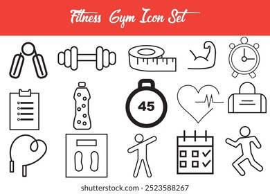 Web Set of Fittness Vetor Linha fina Icons.Sport, ginásio e fitness linha ícones conjunto. Contém ícones como estilo de vida saudável, treinamento de peso, cuidado corporal e muito mais. Coleção de ícones de tópicos.