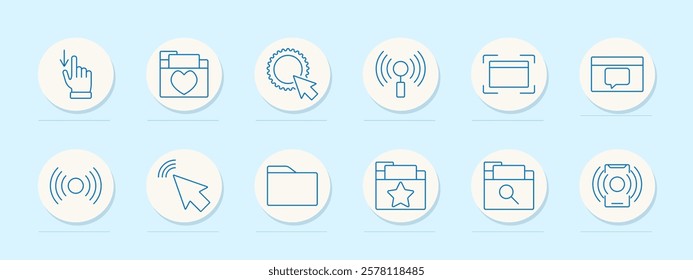 Web set icon. Hand click, favorite folder, cursor on settings, wireless signal, notification, chat, search, star folder, link