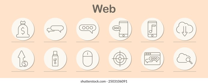 Web set icon. Money bag, speech bubble, upload, download, target, mobile, cloud, search, chat, mouse, USB, online, internet, communication, digital, data, web, networking.