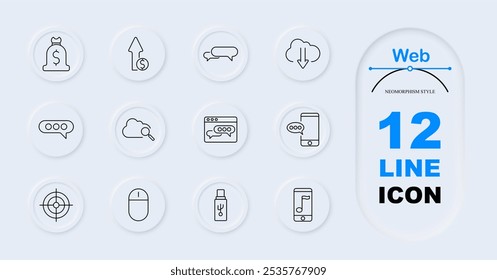 Icono de conjunto de Web. Bolsa de dinero, gráfico ascendente, burbujas de discurso, Descarga en la nube, búsqueda en la nube, objetivo, mouse, unidad USB, teléfono inteligente con chat.